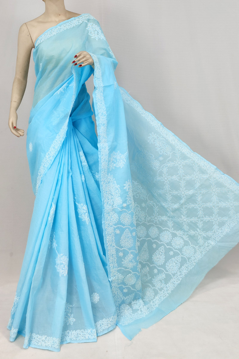 Sky Blue Colour Cotton Chikankari Saree With Blouse Mc253188