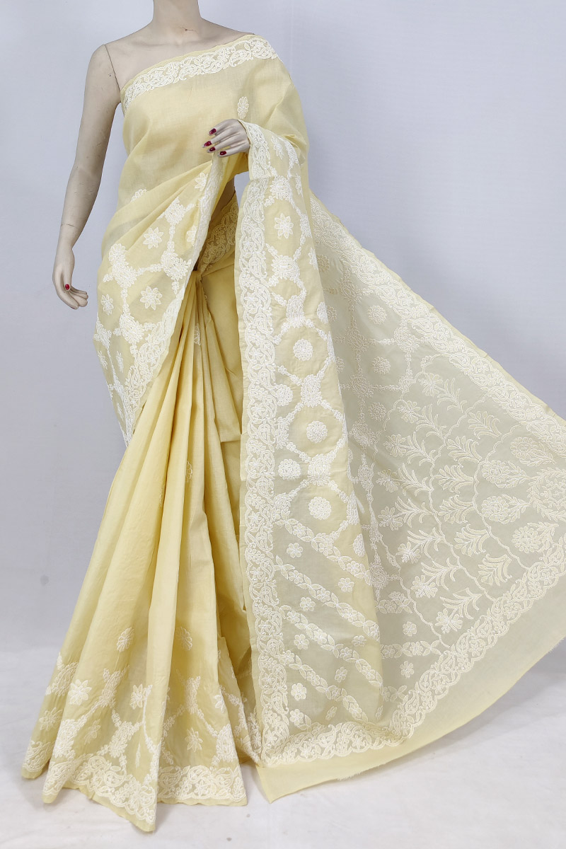 Beige Colour Cotton Chikankari Saree With Blouse Mc253189