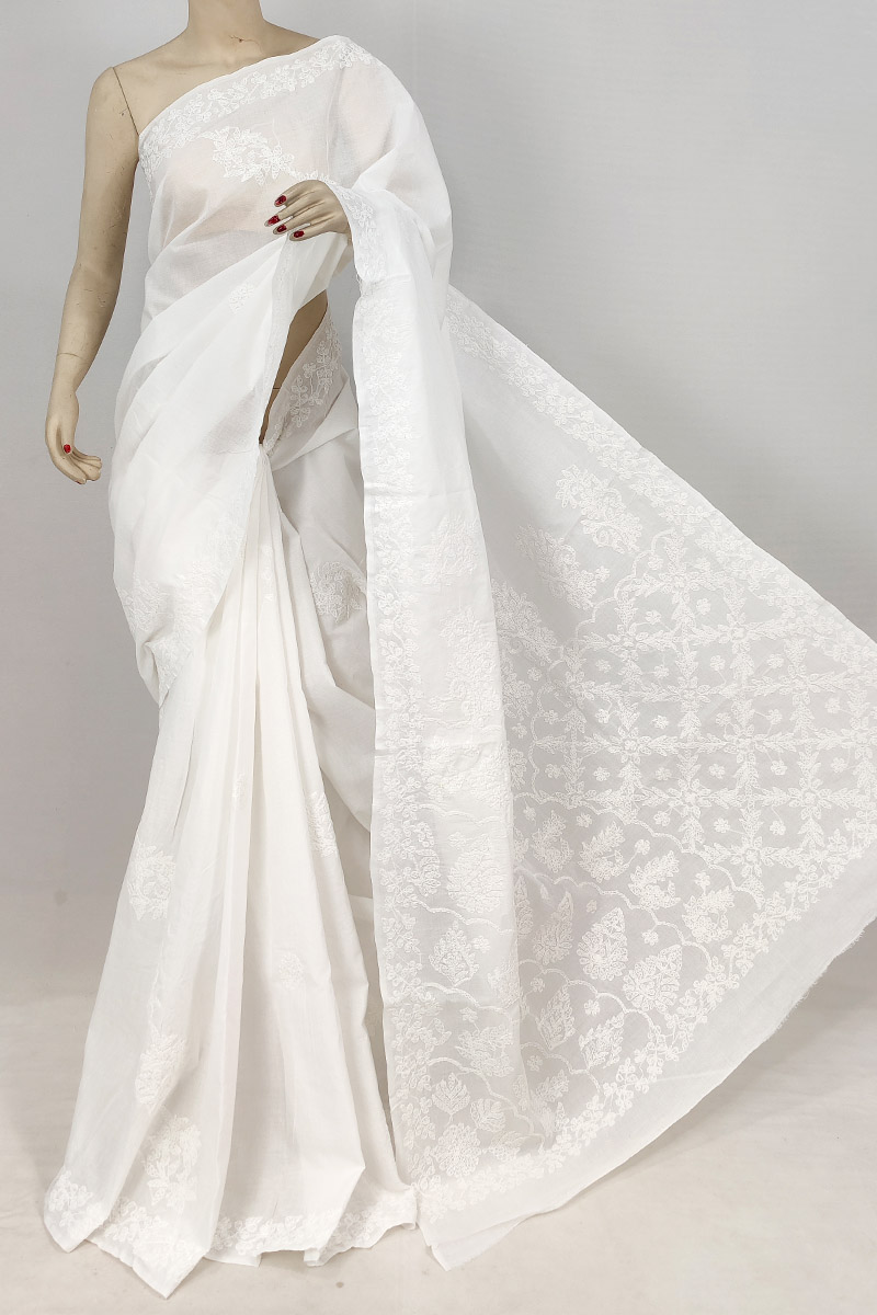 White Colour Cotton Chikankari Saree With Blouse Mc253191