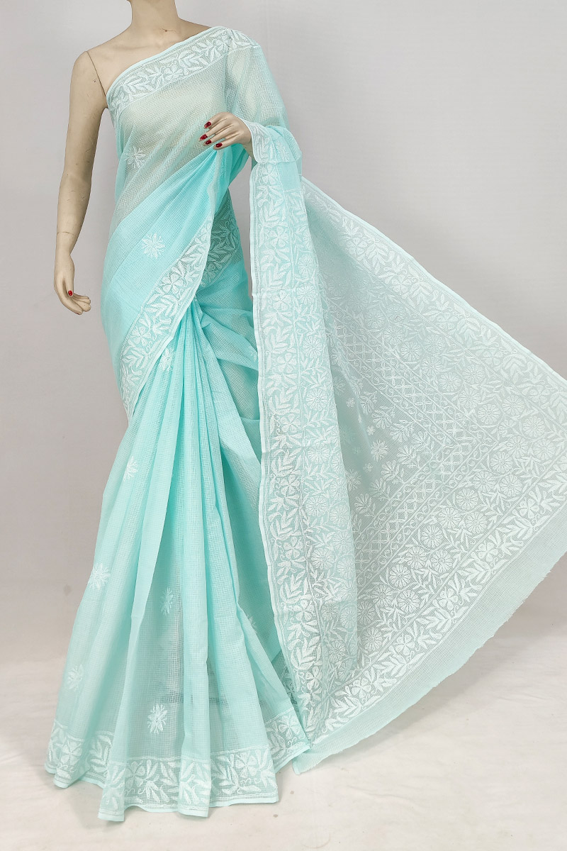 Sea Green Colour Kota Cotton Chikankari Saree With Blouse Mc253195