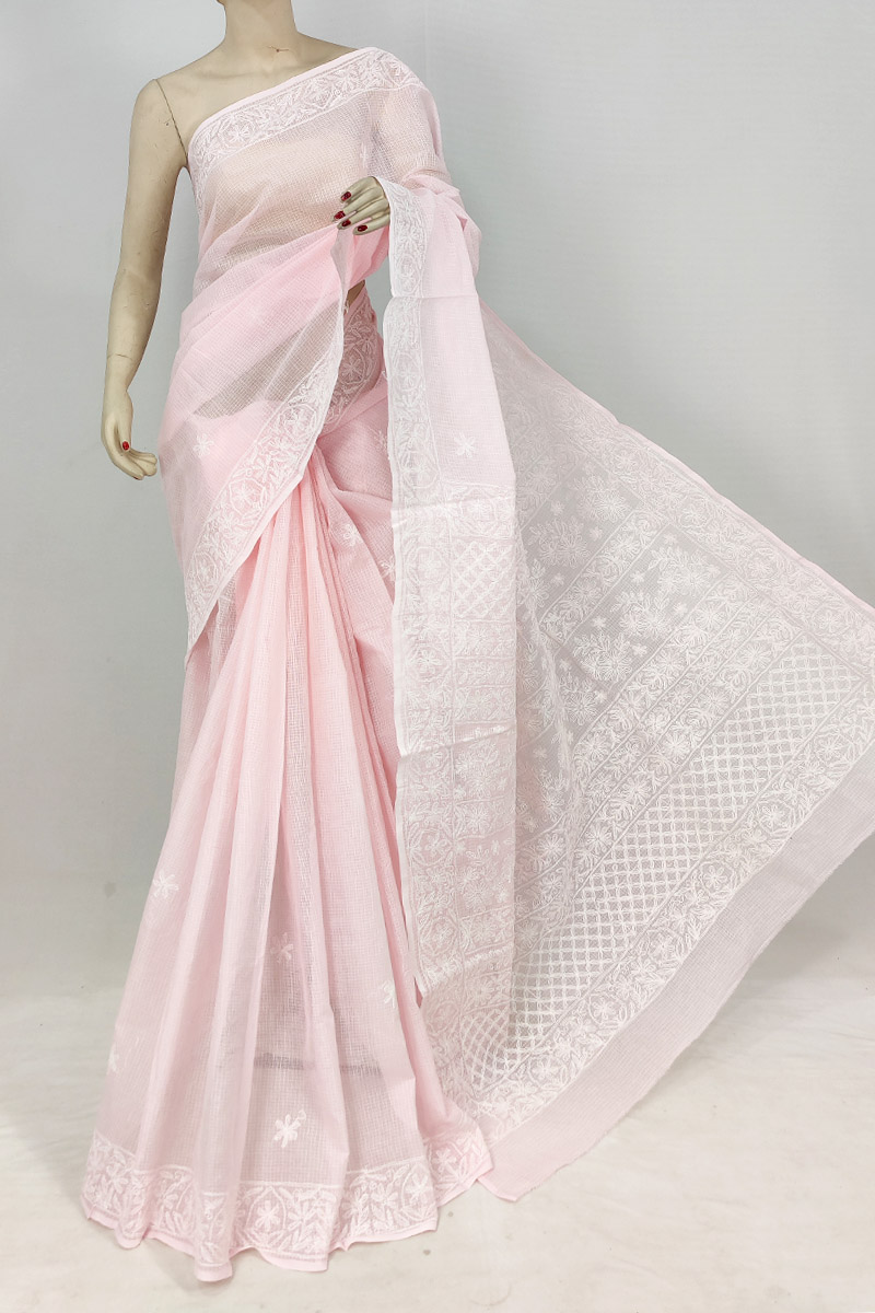Baby Pink Colour Kota Cotton Chikankari Saree With Blouse Mc253196