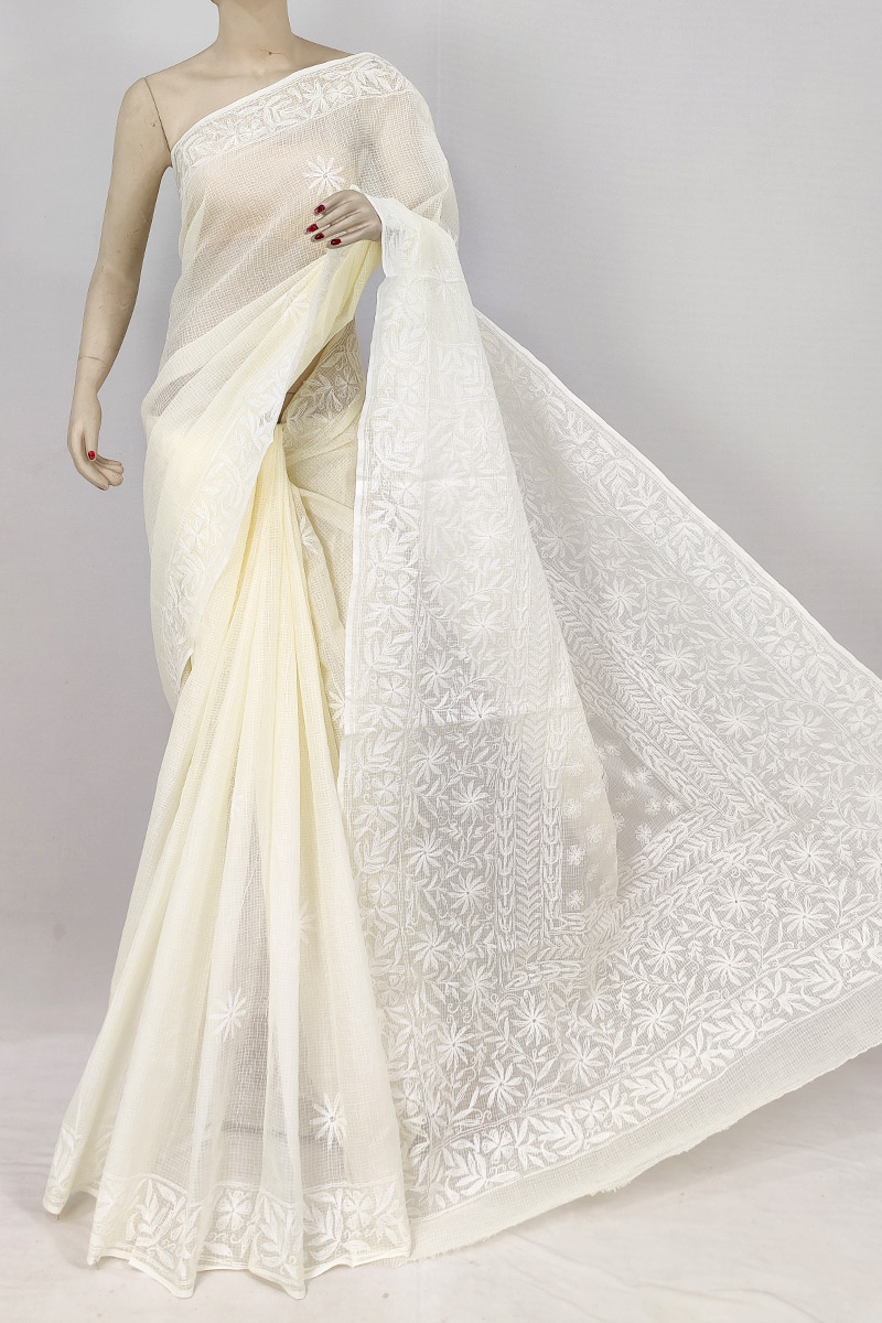 Cream Colour Kota Cotton Chikankari Saree With Blouse Mc253198
