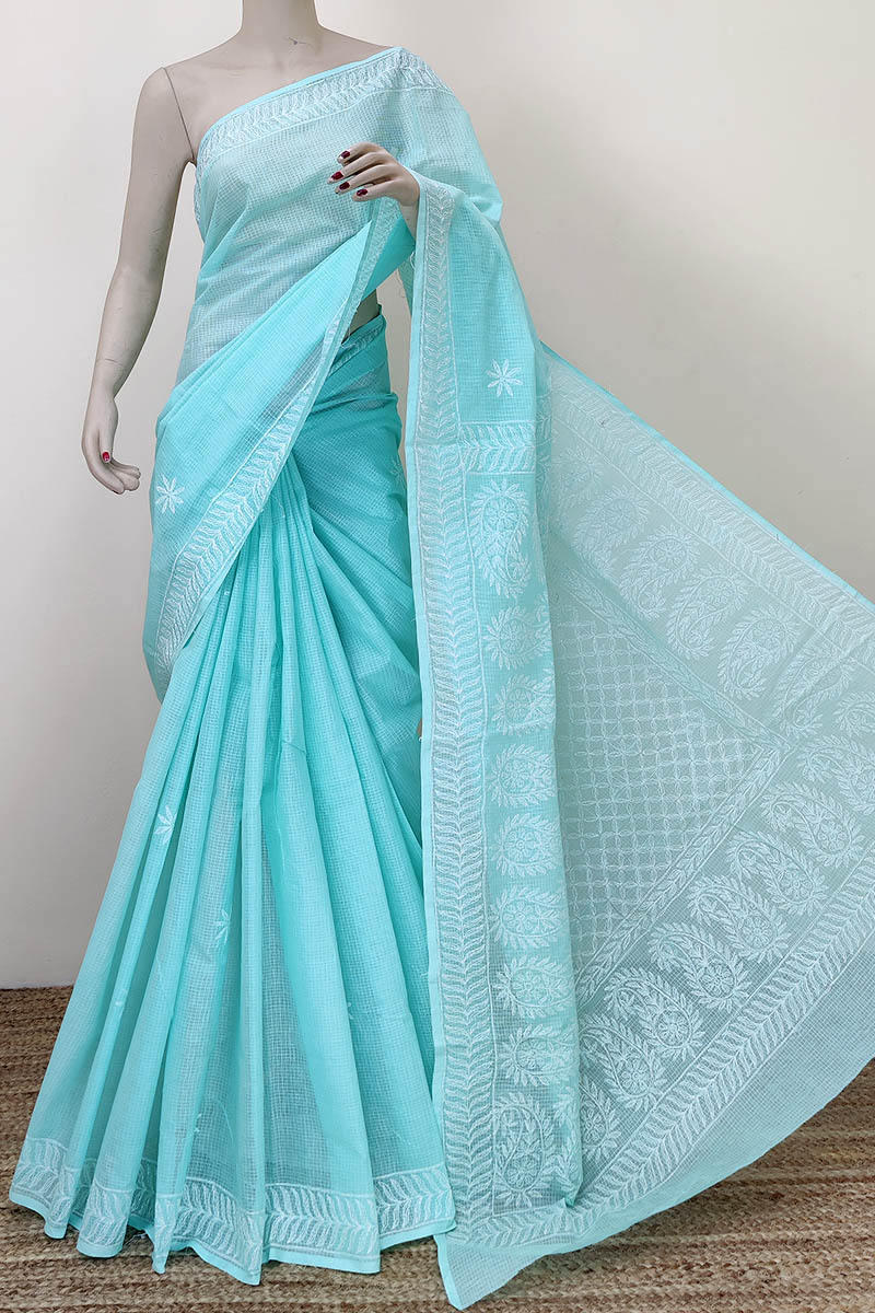 Sea Green Color Hand Embroidered Work Lucknowi Chikankari Saree With Blouse (kota Cotton) Mc252287