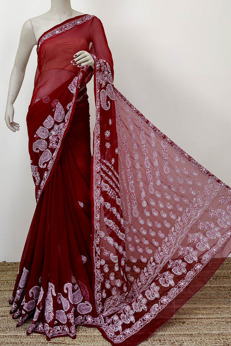 Maroon Color Designer Hand Embroidered Lucknowi Chikankari Saree (With Blouse - Georgette) MC252291