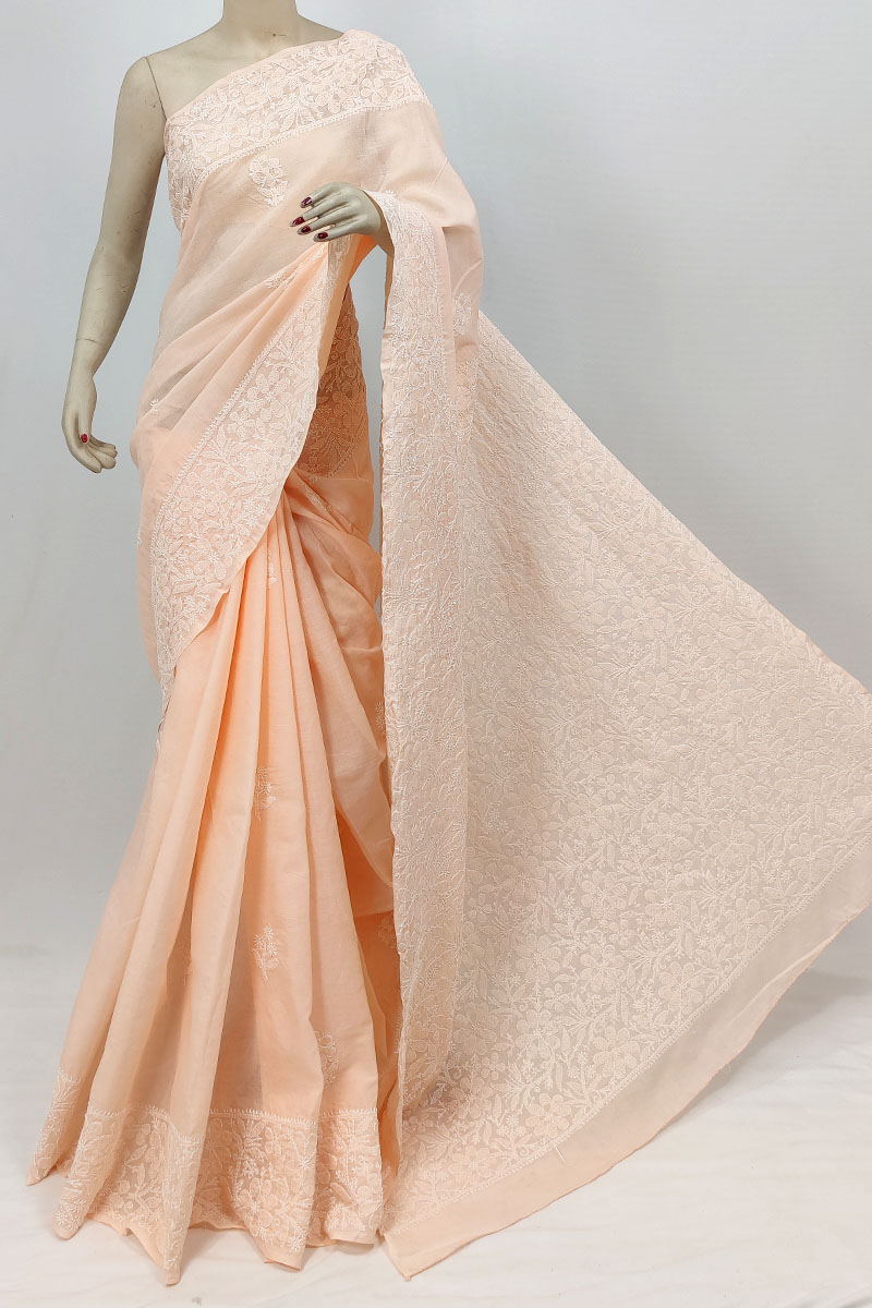 Light Orange Colour Cotton Lucknowi Chikankari Saree With Blouse MC253234