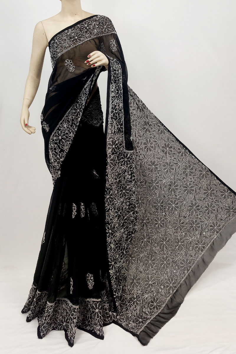 Black Georgette Designer Lucknowi Chikankari Saree With Blouse MC253238