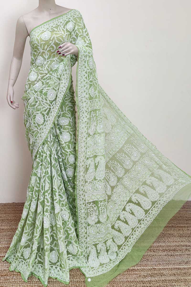 Green Color Allover Hand Embroidered Lucknowi Chikankari Saree (With Blouse - Georgette) MC253000