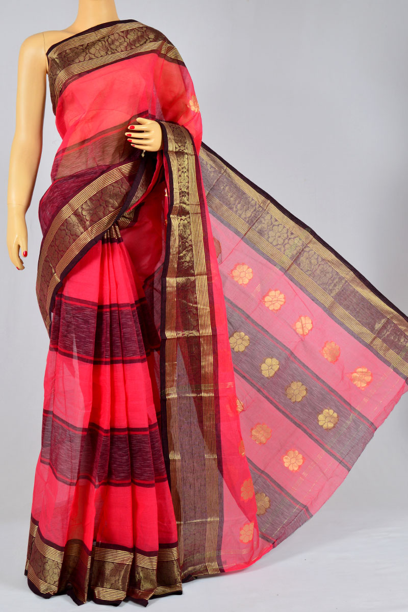 Amaranth Color Handwoven Bengal Handloom Cotton Tant Saree (without Blouse) - Mc250154