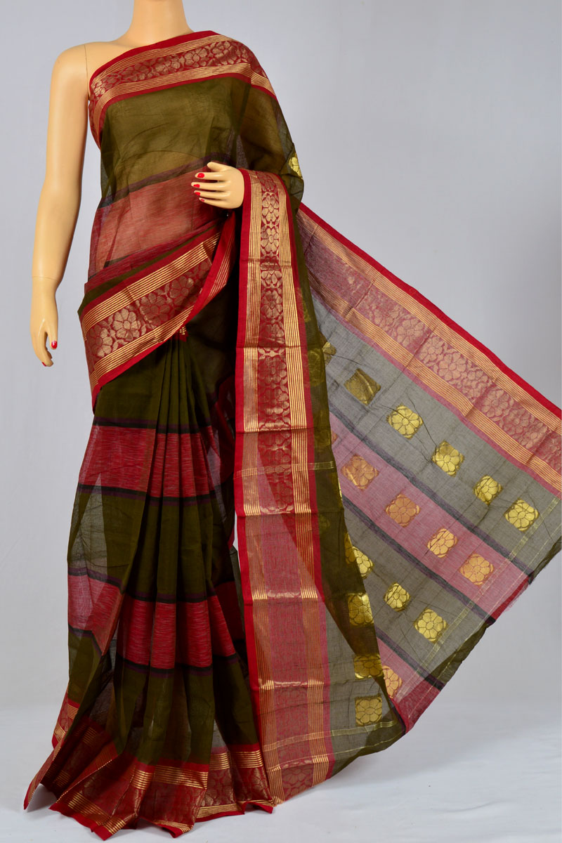 Juniper Color Handwoven Bengal Handloom Cotton Tant Saree (without Blouse) - MY250156