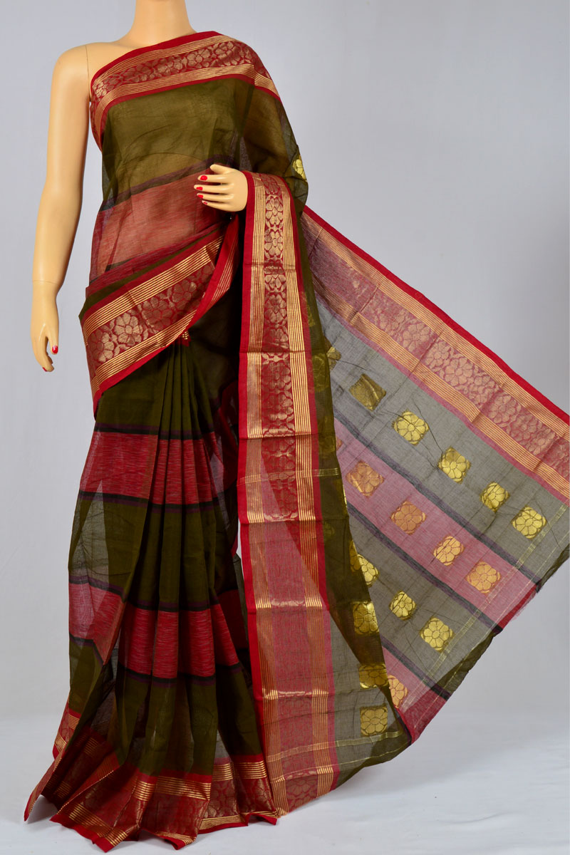 Juniper Color Handwoven Bengal Handloom Cotton Tant Saree (without Blouse) - My250156