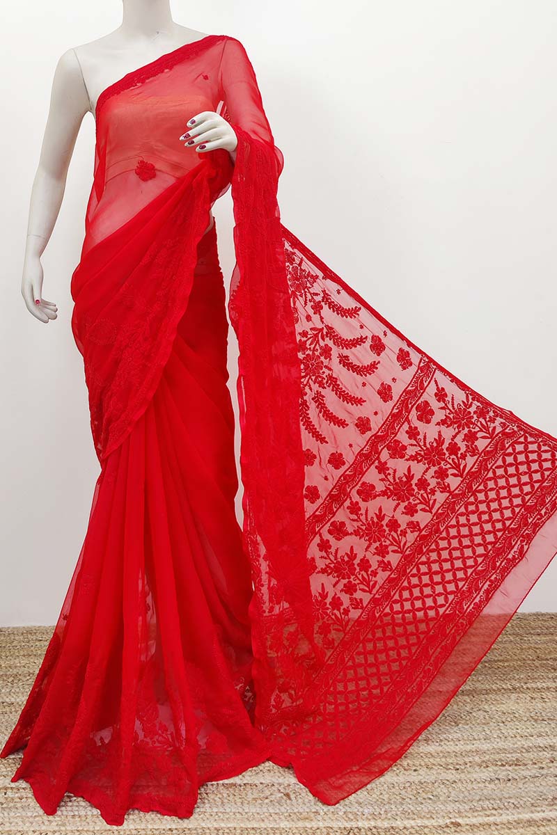 Red Color Hand Embroidered Lucknowi Chikankari Saree (with Blouse - Georgette) Mc252494