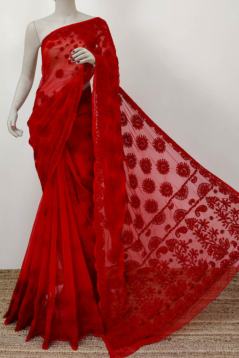 Red Color Designer Hand Embroidered Lucknowi Chikankari Saree (with Blouse - Georgette) Mc252280