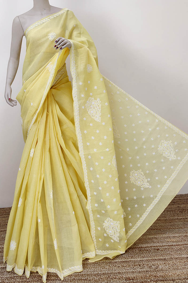 Light Yellow Color Hand Embroidered Lucknowi Chikankari Saree (with Blouse - Cotton) Mc252281