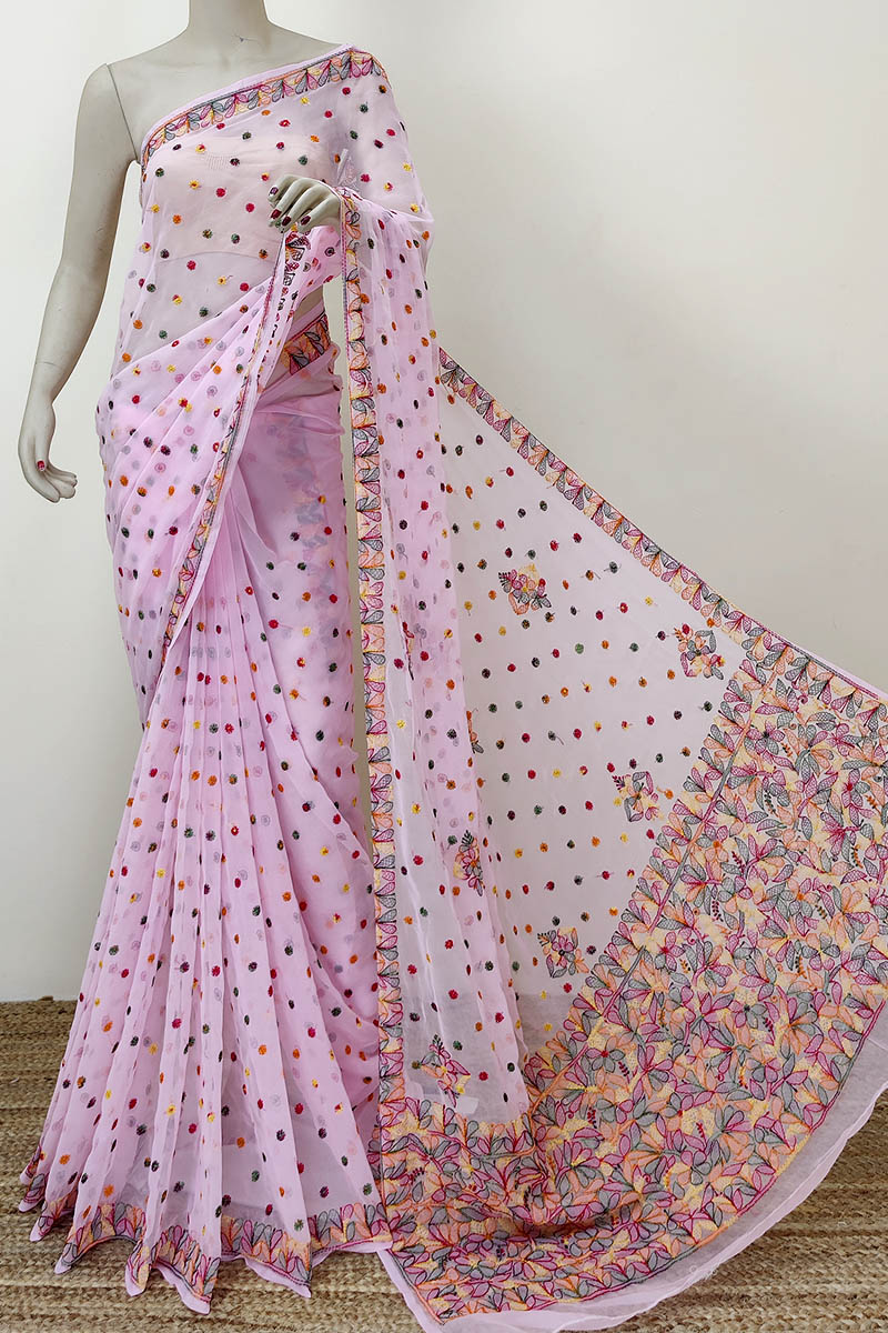 Pink Color Multi Thread Designer Hand Embroidered Lucknowi Chikankari Saree (with Blouse - Georgette) Mc252296