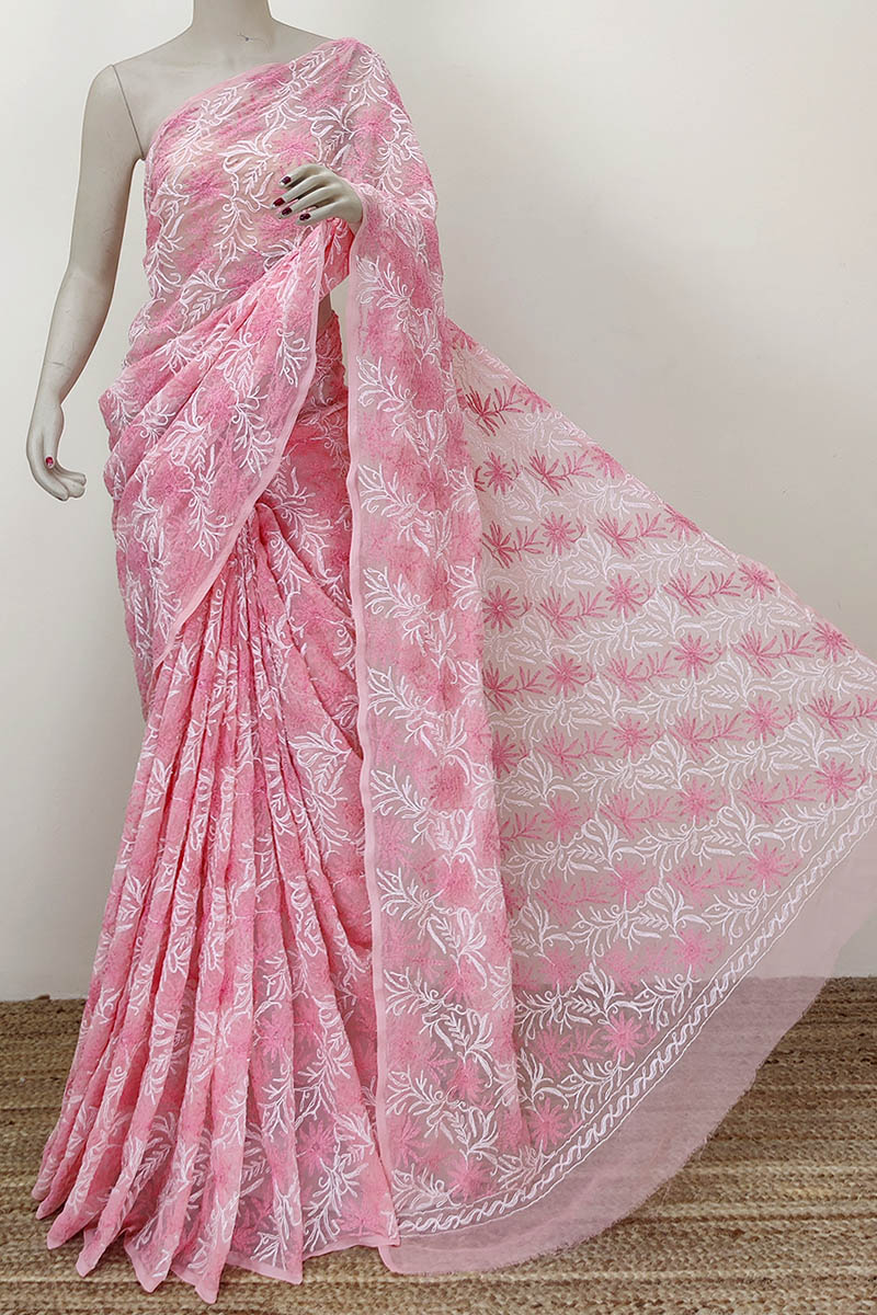 Peach color Hand Embroidered Tepchi Work Lucknowi Chikankari Saree With Blouse (Faux Georgette) MC252301