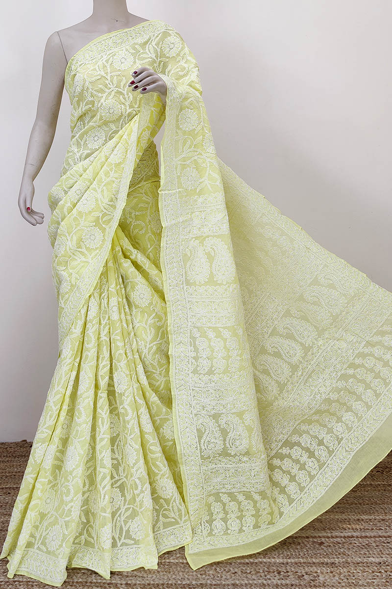 Lemon Color Allover Hand Embroidered Lucknowi Chikankari Saree (with Blouse - Cotton) Mc252303