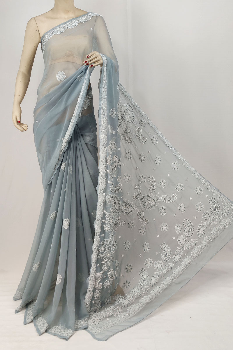 Gray Georgette Designer Lucknowi Chikankari Saree With Blouse & Pearl Work MC253291