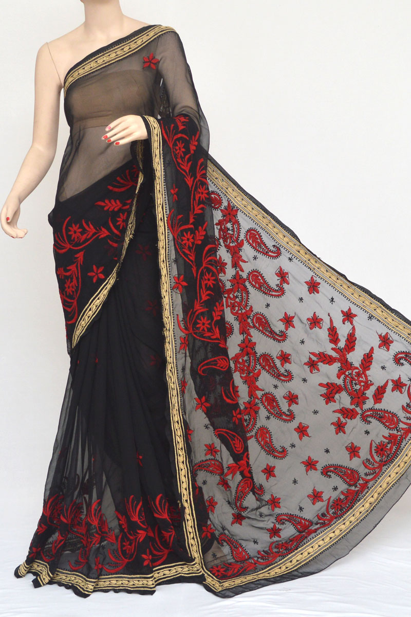 Black Color Hand Embroidered Lucknowi Designer Chikankari Saree (with Blouse) Pu250961