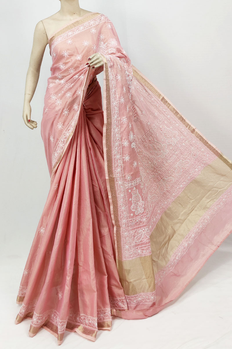 Peach Color Chanderi Cotton Lucknowi Chikankari Saree With Blouse MC253249