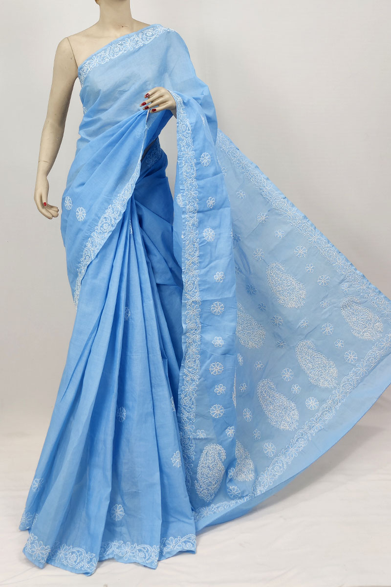 Blue Colour Cotton Lucknowi Chikankari Saree With Blouse MC253241