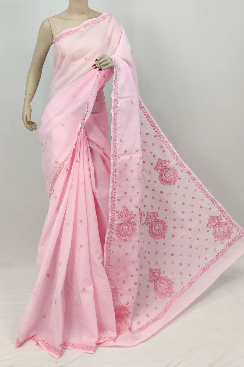 Pink Colour Cotton Lucknowi Chikankari Saree With Blouse MC253242