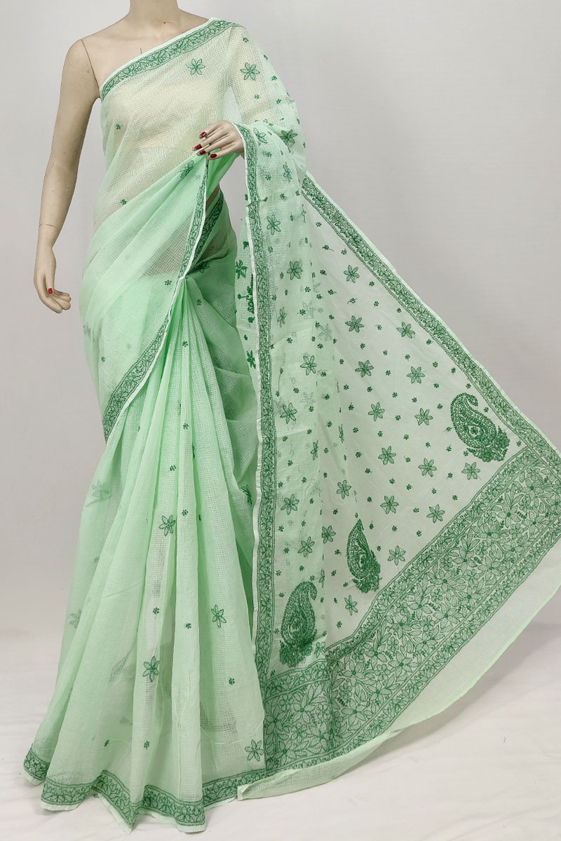 Green Color Kota Cotton Lucknowi Chikankari Saree With Blouse MC253245