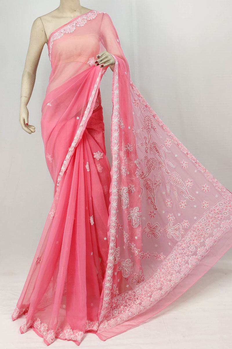 Pink Georgette Designer Lucknowi Chikankari Saree With Blouse & Pearl Work MC253293