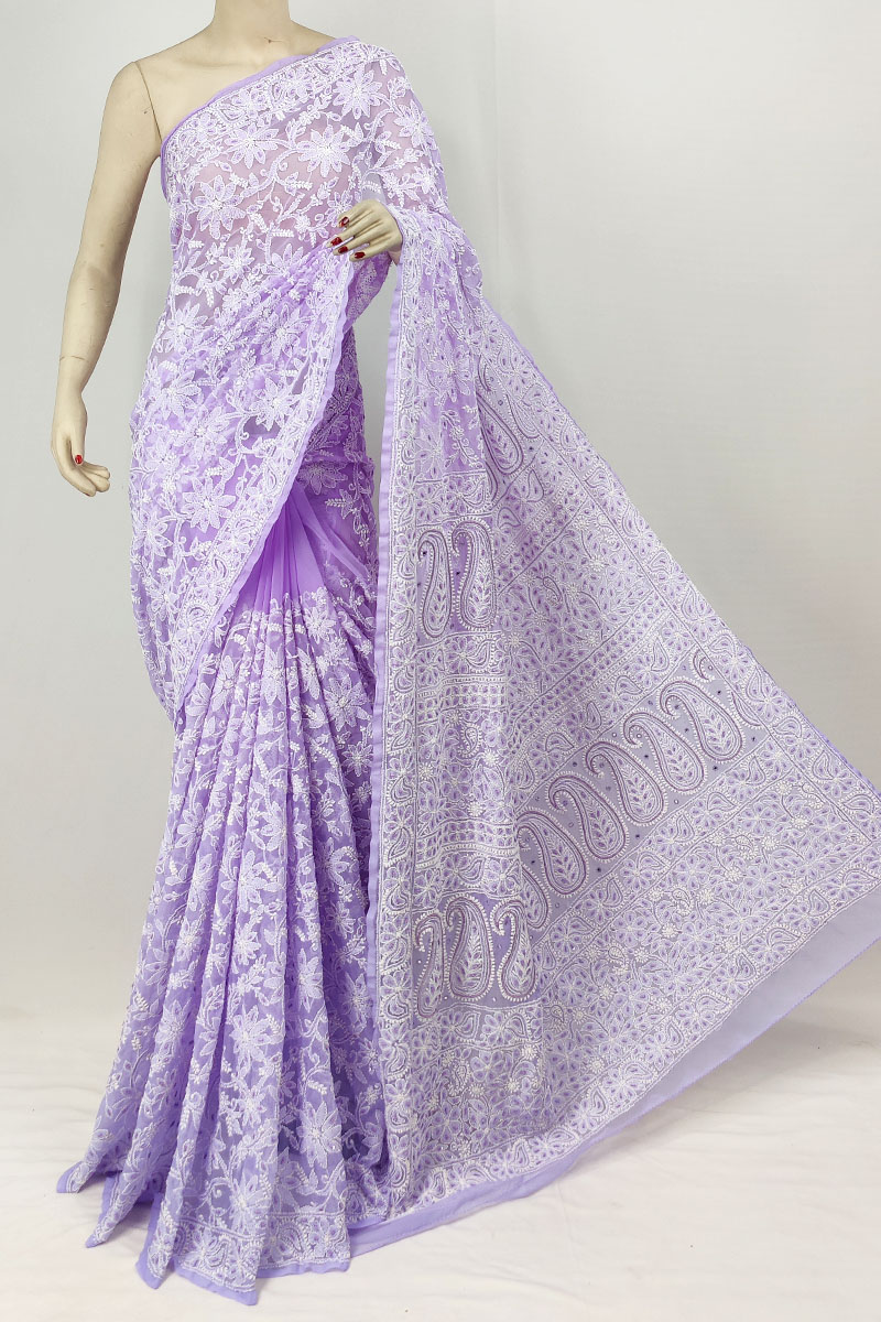 Lavender Georgette Allover Lucknowi Chikankari Saree With Blouse & Pearl Sequin Work MC253295