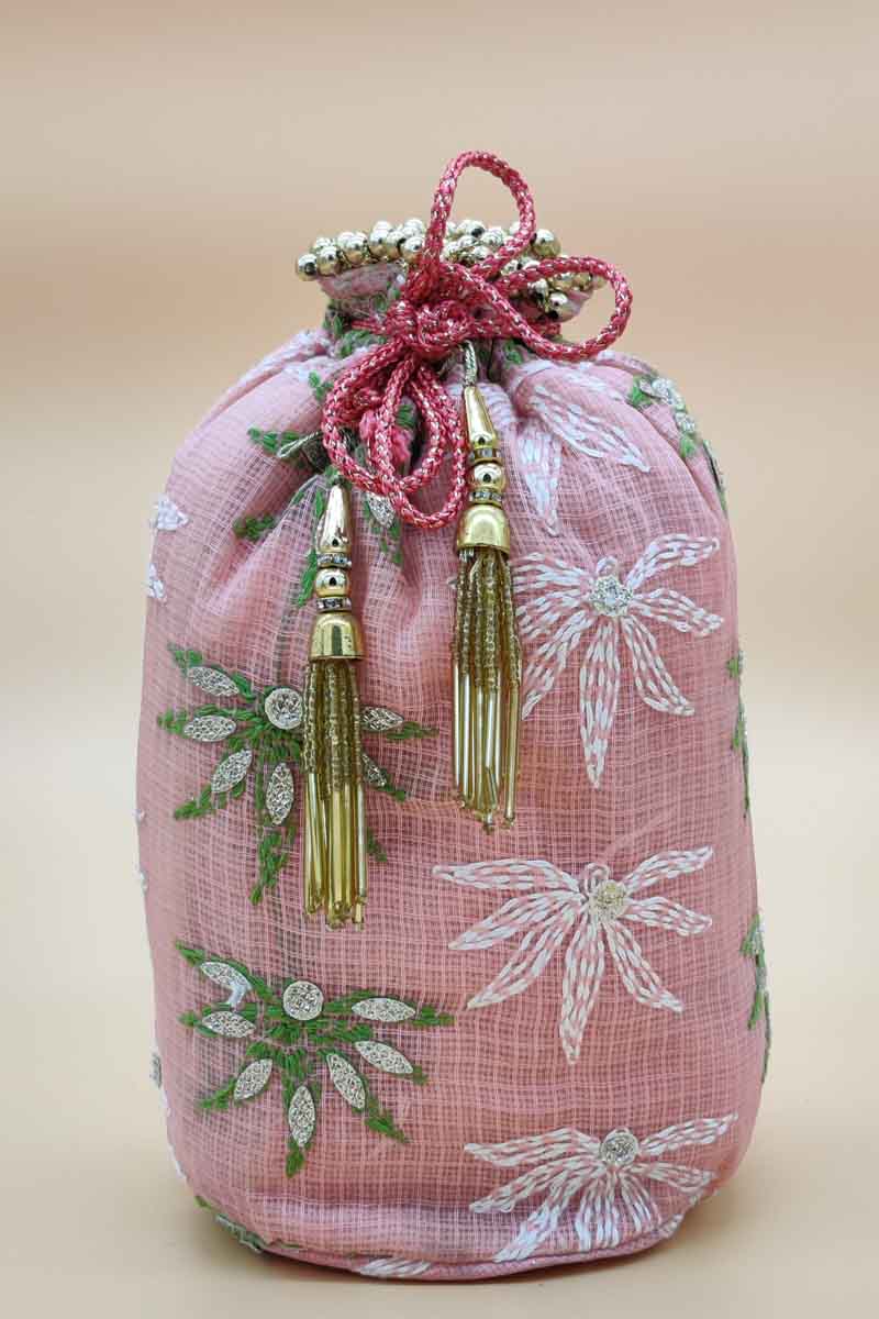 Peach Color Women Hand Embroidered Chikankari Potli Bag (chb0006)